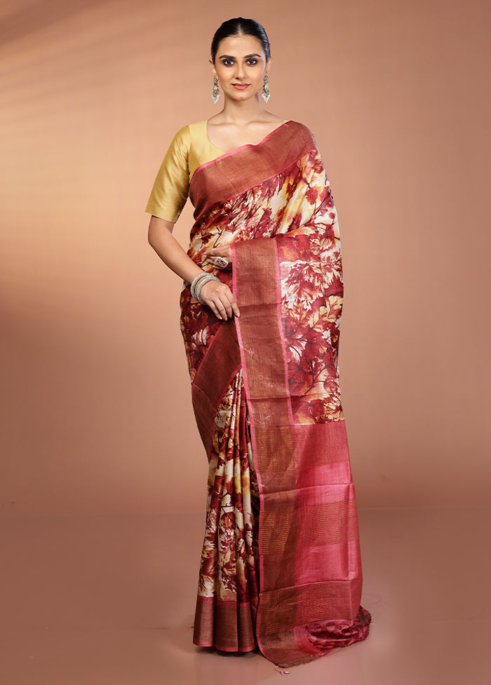 Cream Tussar Silk Saree With Blouse Piece