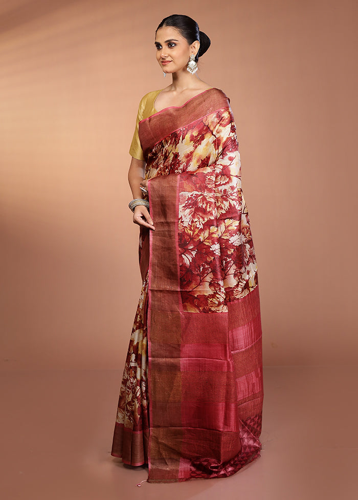Cream Tussar Silk Saree With Blouse Piece