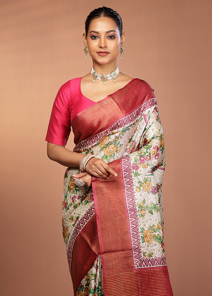 Cream Tussar Silk Saree With Blouse Piece