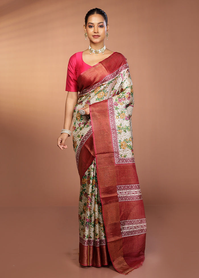 Cream Tussar Silk Saree With Blouse Piece