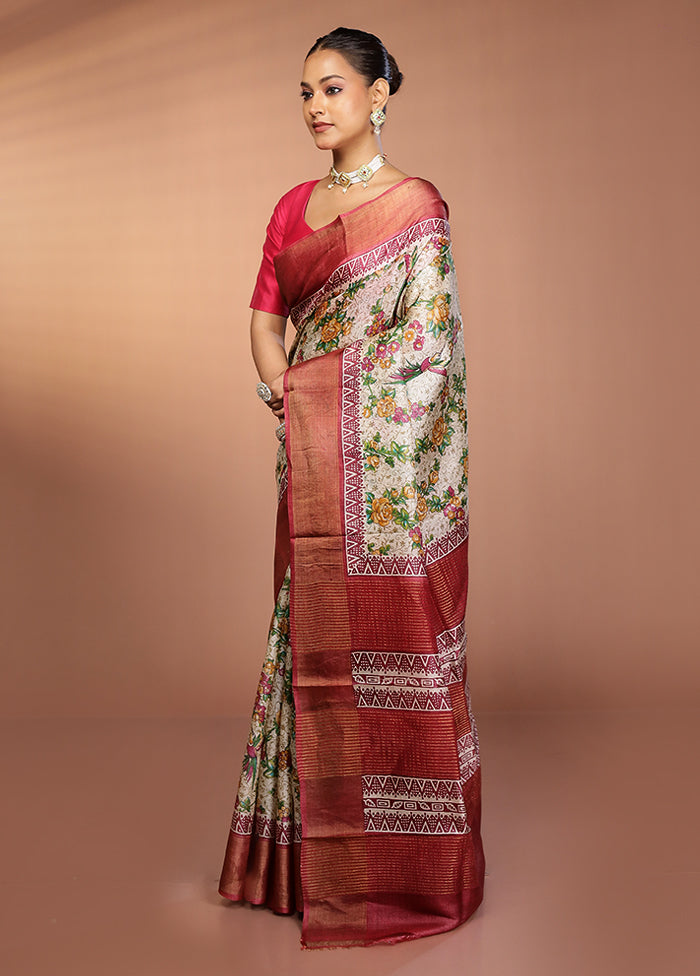 Cream Tussar Silk Saree With Blouse Piece