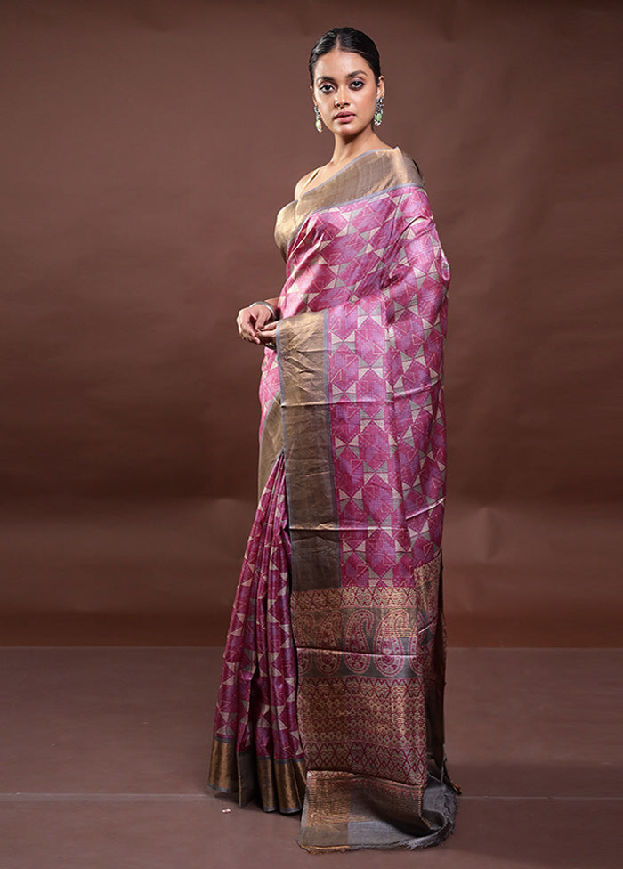 Pink Tussar Silk Saree With Blouse Piece