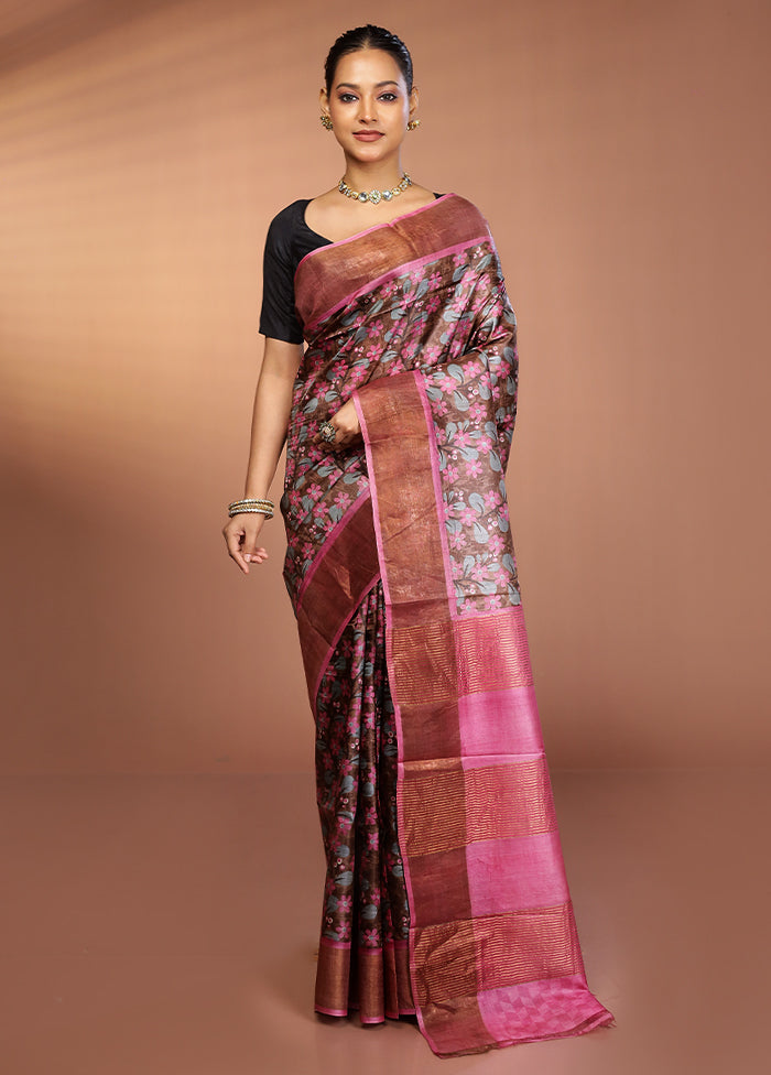 Grey Tussar Silk Saree With Blouse Piece