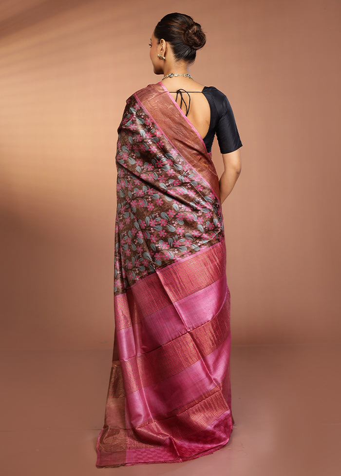 Grey Tussar Silk Saree With Blouse Piece