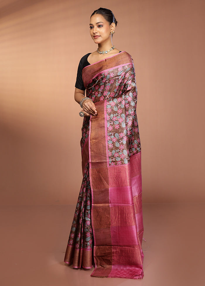 Grey Tussar Silk Saree With Blouse Piece