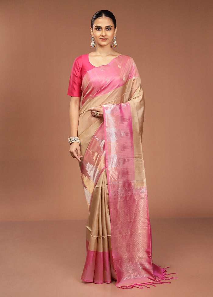 Cream Handloom Kanjivaram Pure Silk Saree With Blouse Piece