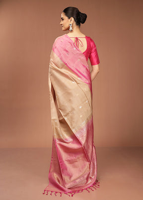 Cream Handloom Kanjivaram Pure Silk Saree With Blouse Piece