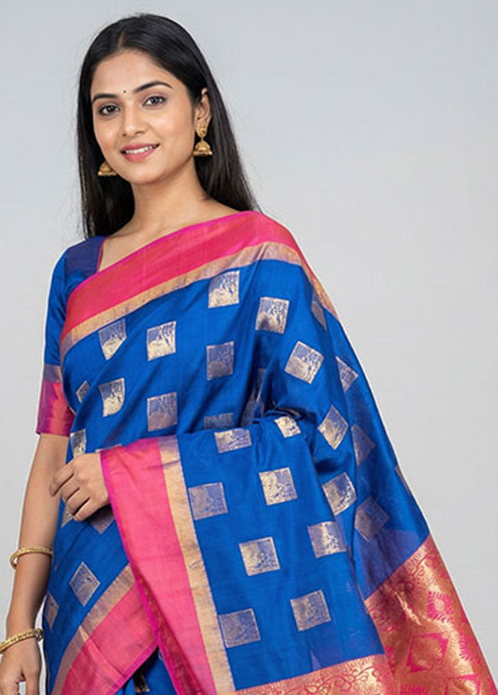 Blue Handloom Kanjivaram Pure Silk Saree With Blouse Piece