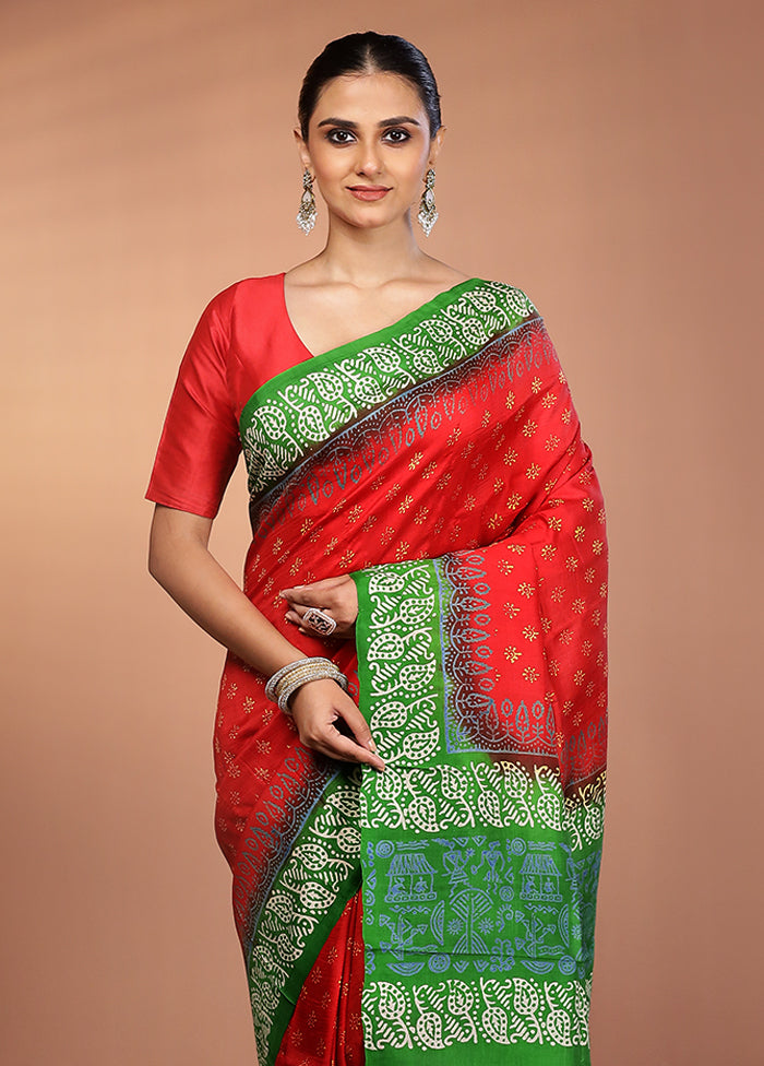 Red Printed Pure Silk Saree Without Blouse Piece