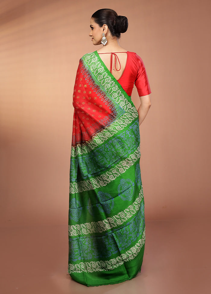 Red Printed Pure Silk Saree Without Blouse Piece