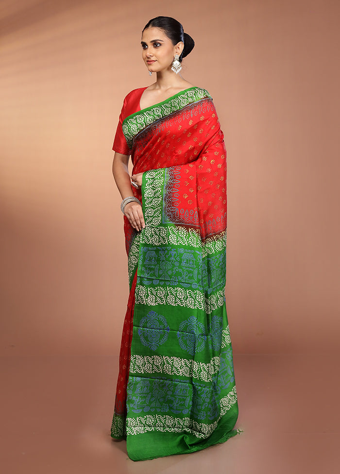 Red Printed Pure Silk Saree Without Blouse Piece