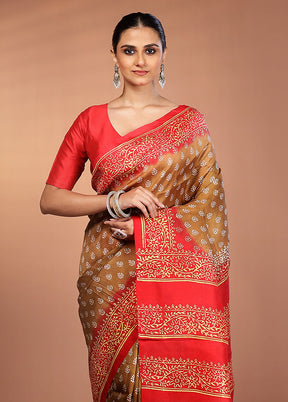 Brown Printed Pure Silk Saree Without Blouse Piece