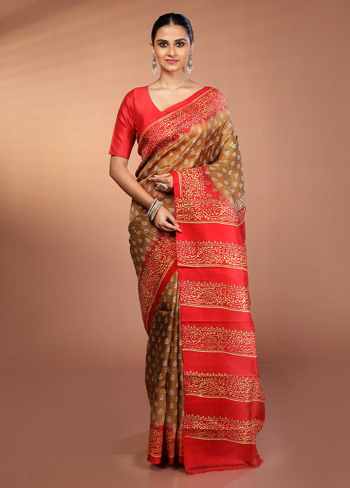 Brown Printed Pure Silk Saree Without Blouse Piece