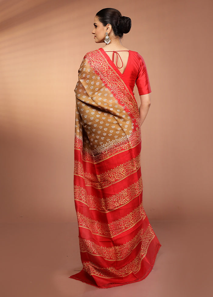 Brown Printed Pure Silk Saree Without Blouse Piece