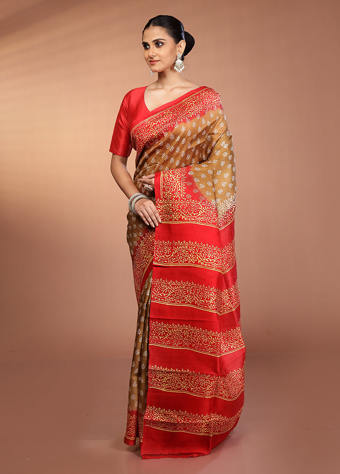Brown Printed Pure Silk Saree Without Blouse Piece