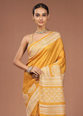 Yellow Printed Pure Silk Saree Without Blouse Piece