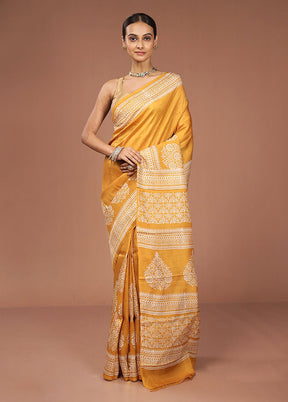 Yellow Printed Pure Silk Saree Without Blouse Piece