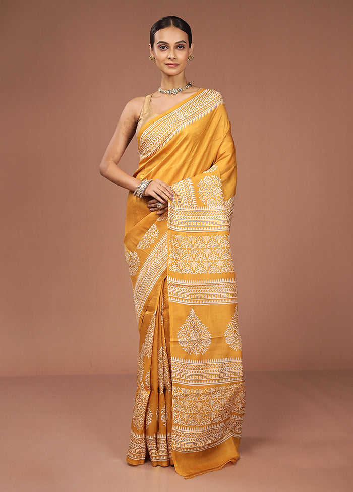 Yellow Printed Pure Silk Saree Without Blouse Piece