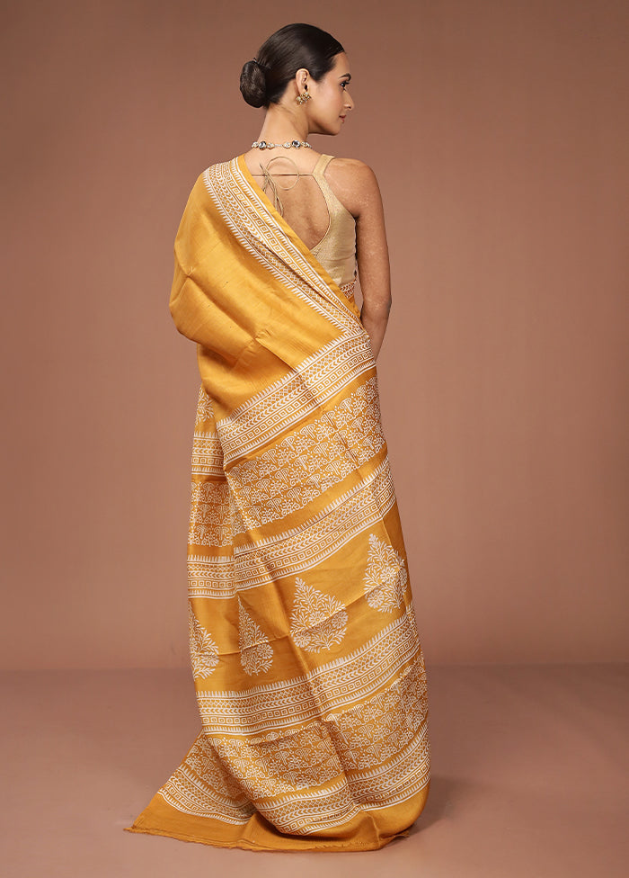 Yellow Printed Pure Silk Saree Without Blouse Piece