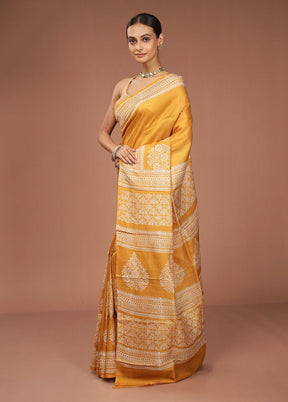 Yellow Printed Pure Silk Saree Without Blouse Piece