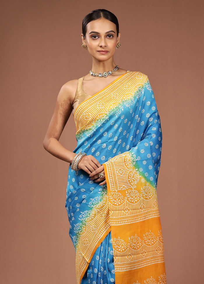 Blue Printed Pure Silk Saree Without Blouse Piece