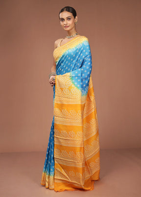 Blue Printed Pure Silk Saree Without Blouse Piece