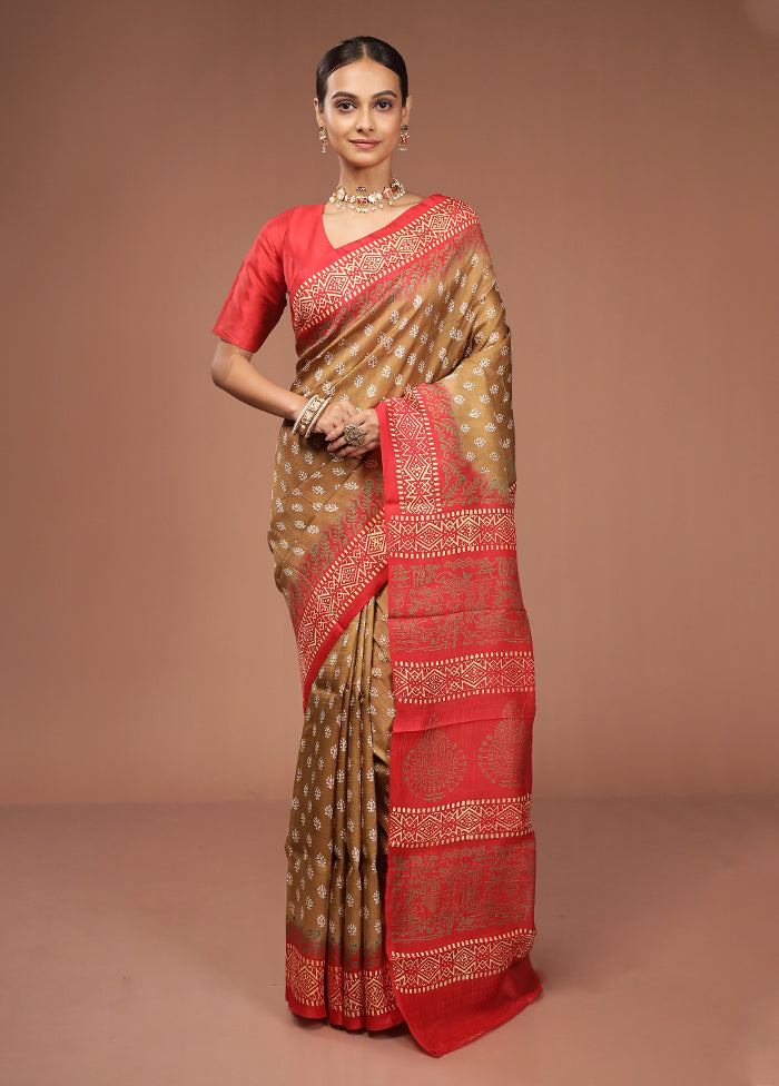 Brown Printed Pure Silk Saree Without Blouse Piece