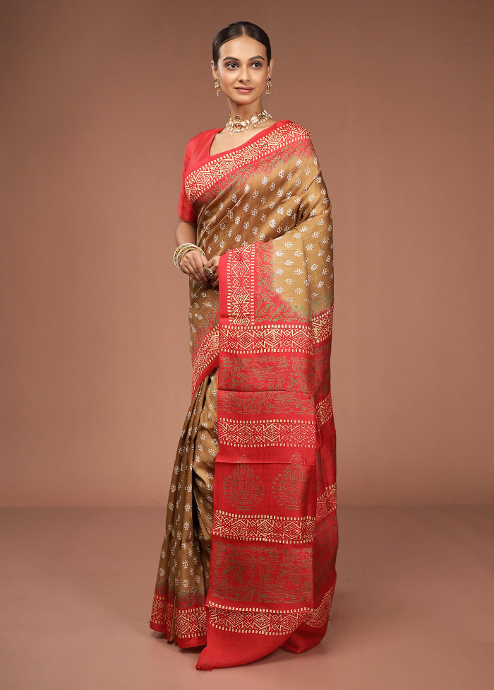Brown Printed Pure Silk Saree Without Blouse Piece