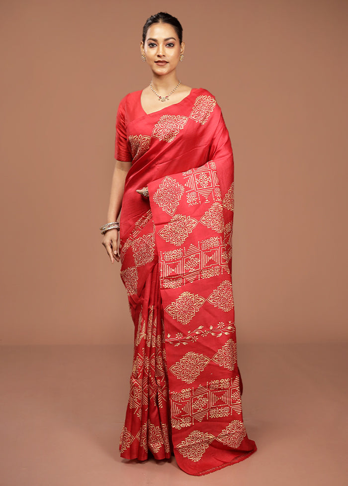 Red Printed Pure Silk Saree Without Blouse Piece