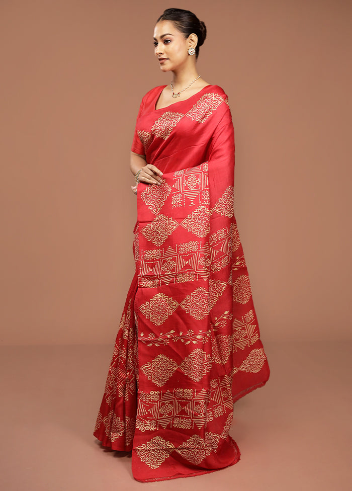 Red Printed Pure Silk Saree Without Blouse Piece