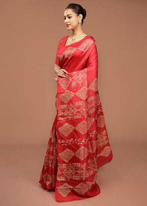 Red Printed Pure Silk Saree Without Blouse Piece