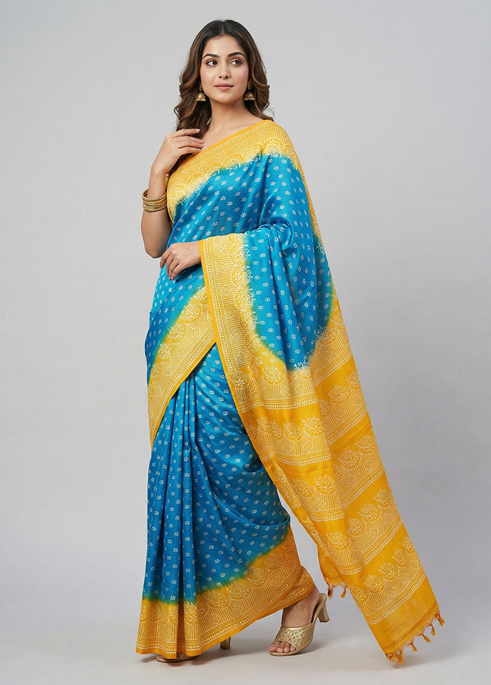 Blue Printed Silk Saree Without Blouse Piece