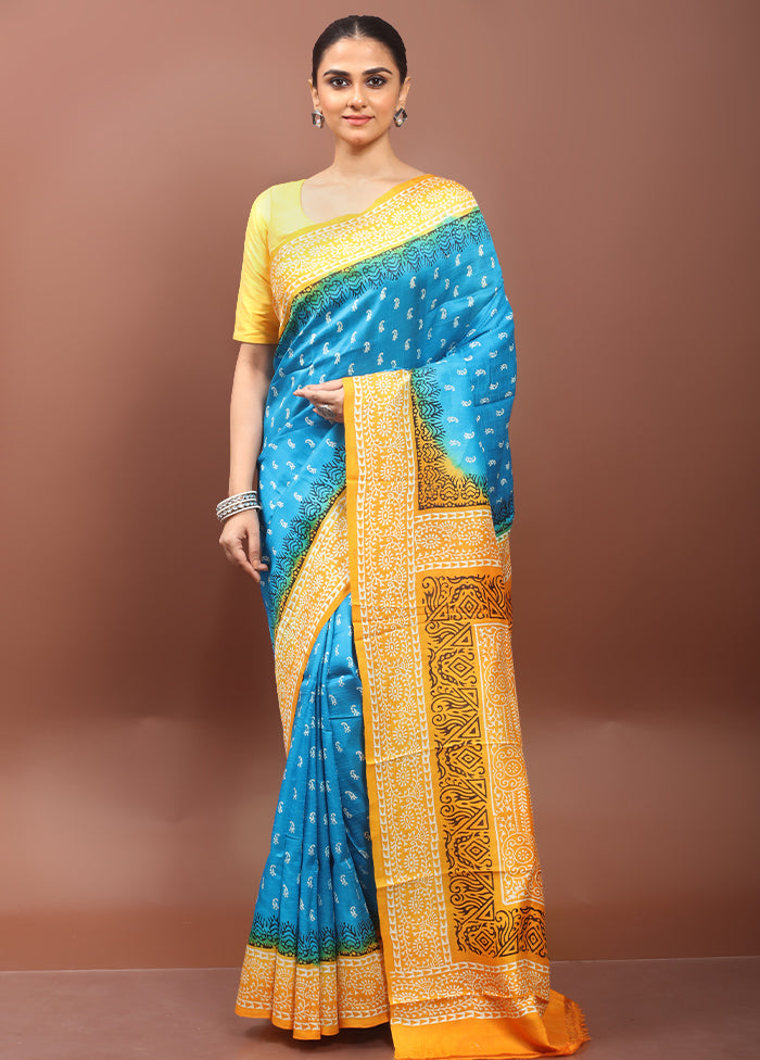 Blue Printed Silk Saree Without Blouse Piece