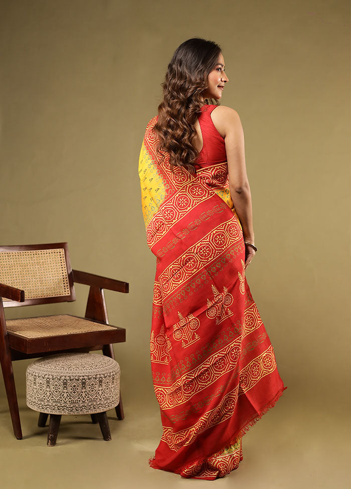 Yellow Printed Pure Silk Saree Without Blouse Piece