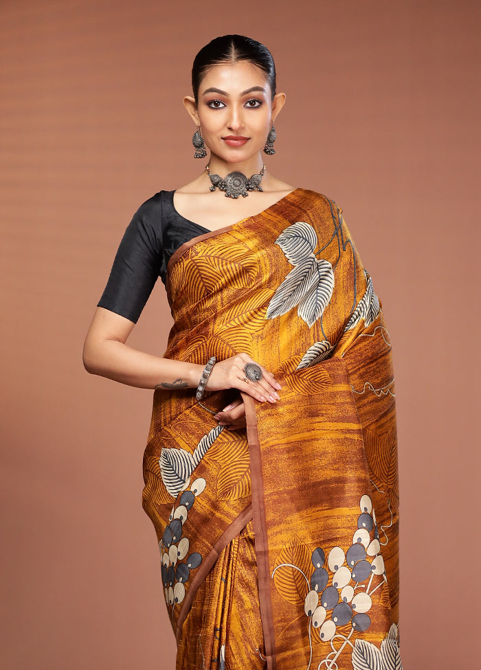 Yellow Printed Silk Saree Without Blouse Piece