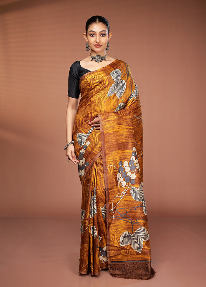 Yellow Printed Silk Saree Without Blouse Piece