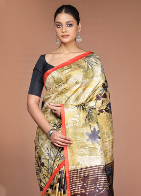 Cream Printed Pure Silk Saree Without Blouse Piece