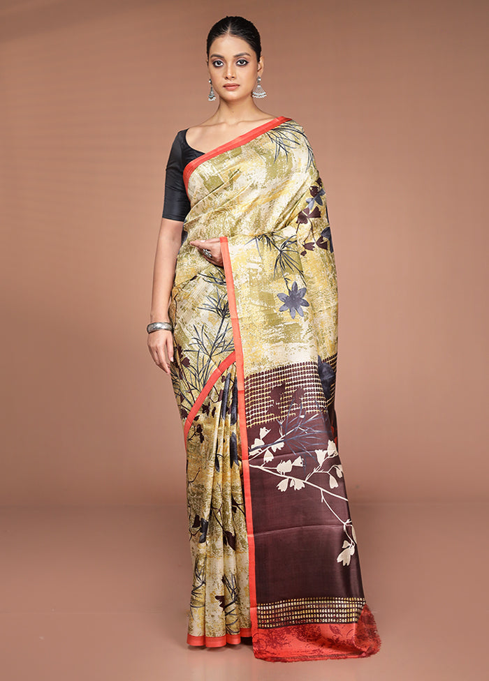Cream Printed Pure Silk Saree Without Blouse Piece
