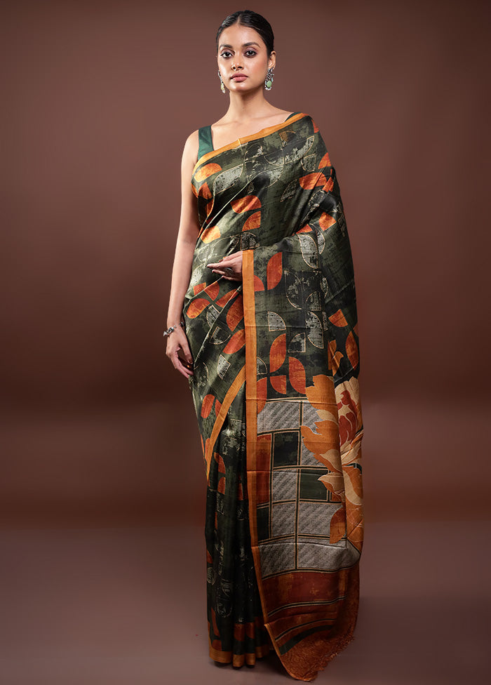 Green Printed Pure Silk Saree Without Blouse Piece