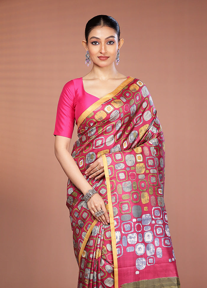 Pink Printed Silk Saree Without Blouse Piece