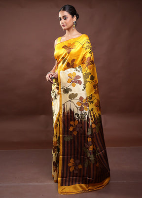 Yellow Printed Pure Silk Saree Without Blouse Piece