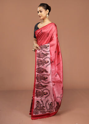 Pink Printed Pure Silk Saree Without Blouse Piece