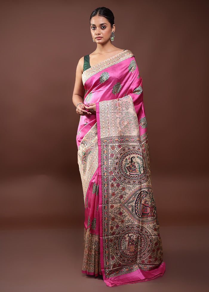 Pink Printed Silk Saree Without Blouse Piece