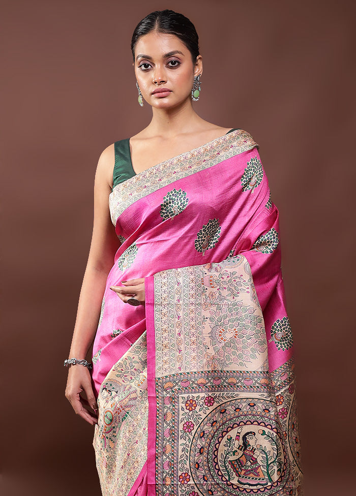Pink Printed Silk Saree Without Blouse Piece