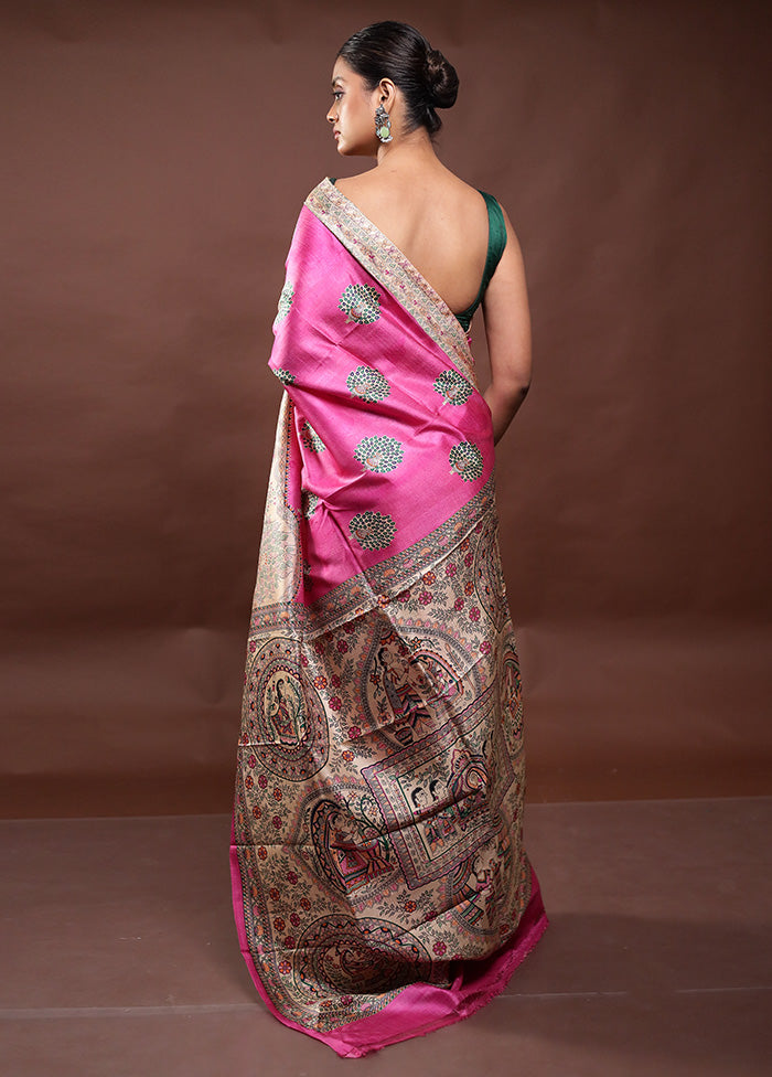 Pink Printed Silk Saree Without Blouse Piece