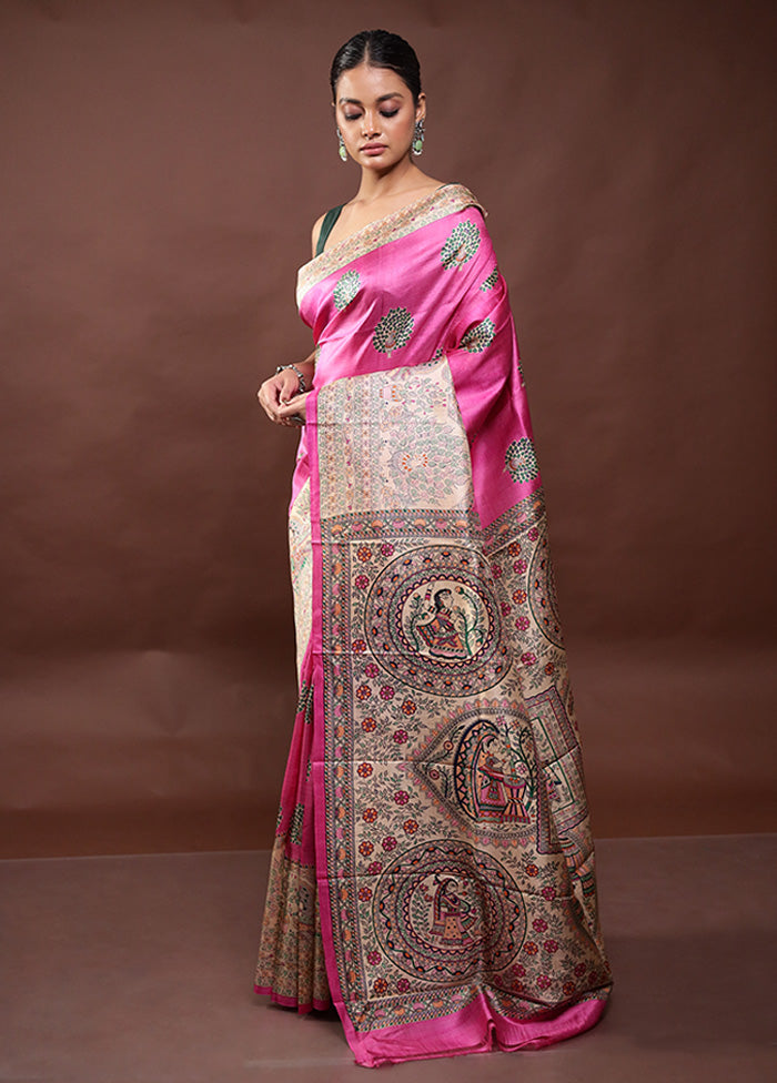 Pink Printed Silk Saree Without Blouse Piece