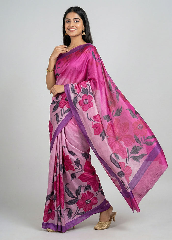 Purple Printed Pure Silk Saree Without Blouse Piece