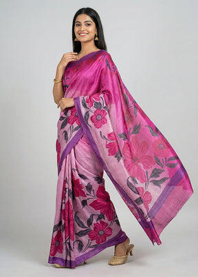 Purple Printed Pure Silk Saree Without Blouse Piece