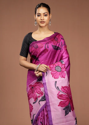 Purple Printed Pure Silk Saree Without Blouse Piece