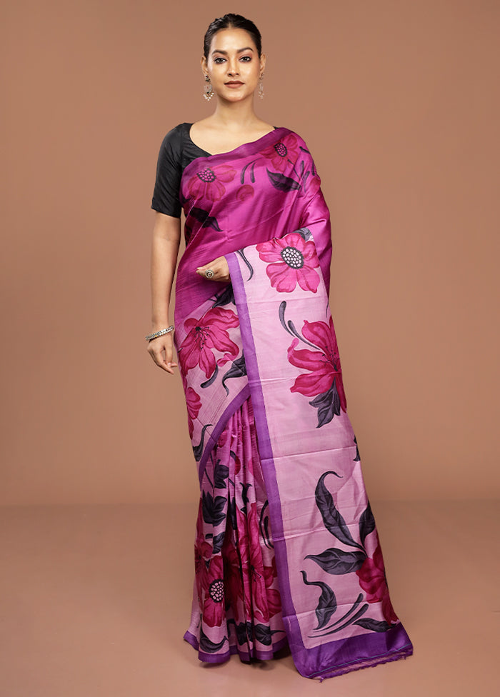 Purple Printed Pure Silk Saree Without Blouse Piece